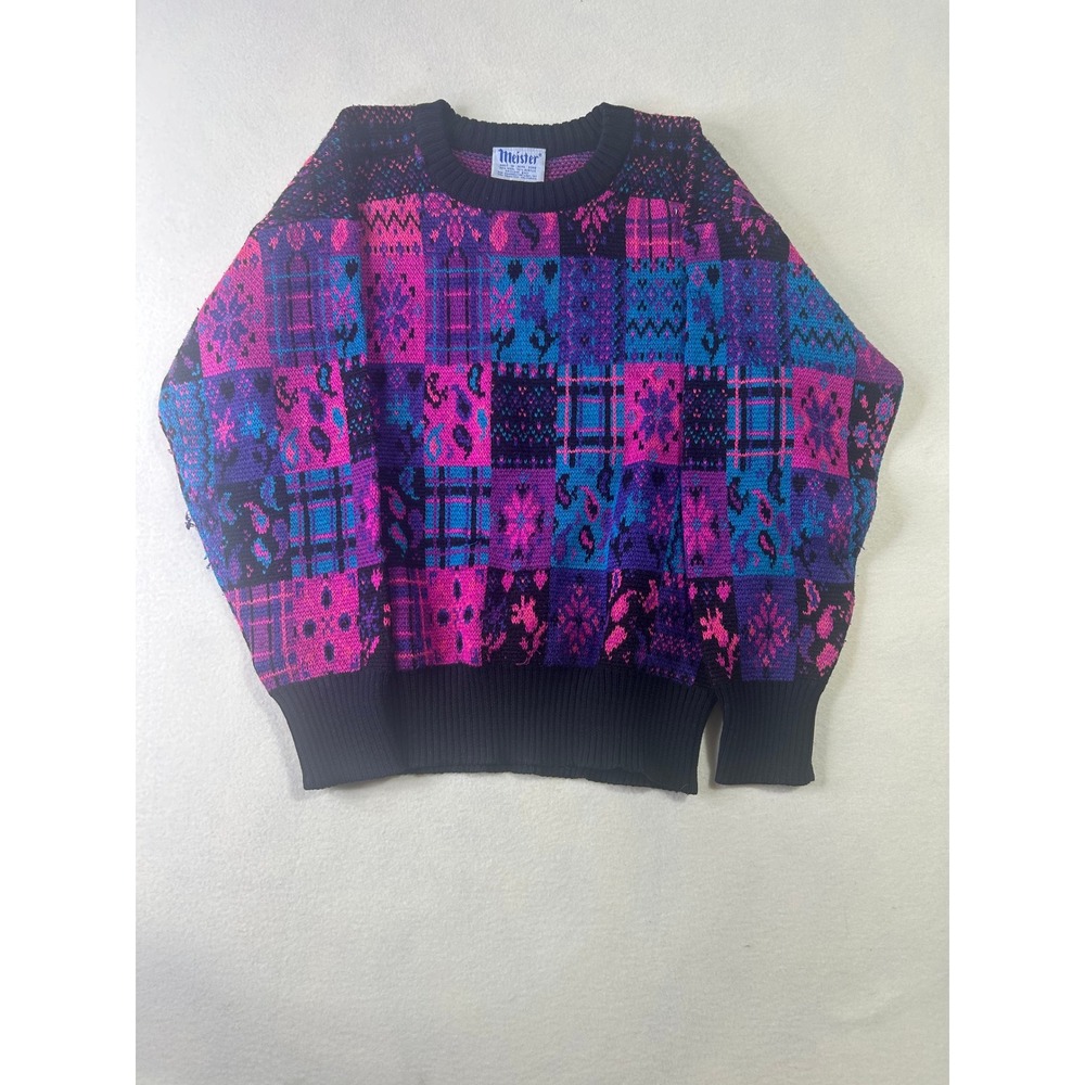 Vintage Meister Patchwork Knit Sweater Pink Purple Blue Wool Blend‎ Crewneck 80s